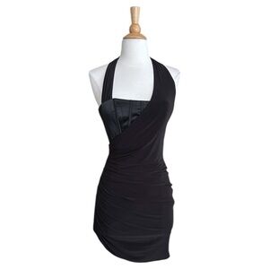 BEBE‎ Y2K Black Corset Halter Mini Dress Gothic Form Fitting Ruched Size XS